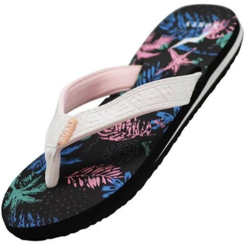 Norty Womens Size 8 Flip-Flops With Tropical Print & Textured Sole Black With Pa